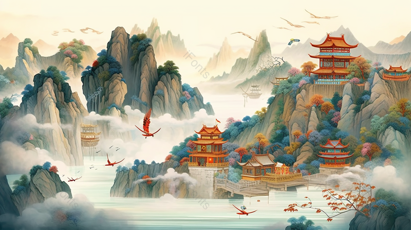 中国风山川河流建筑繁荣昌盛景象背景图,插画/手绘图,插画/手绘图库,插画/手绘图下载,插画/手绘